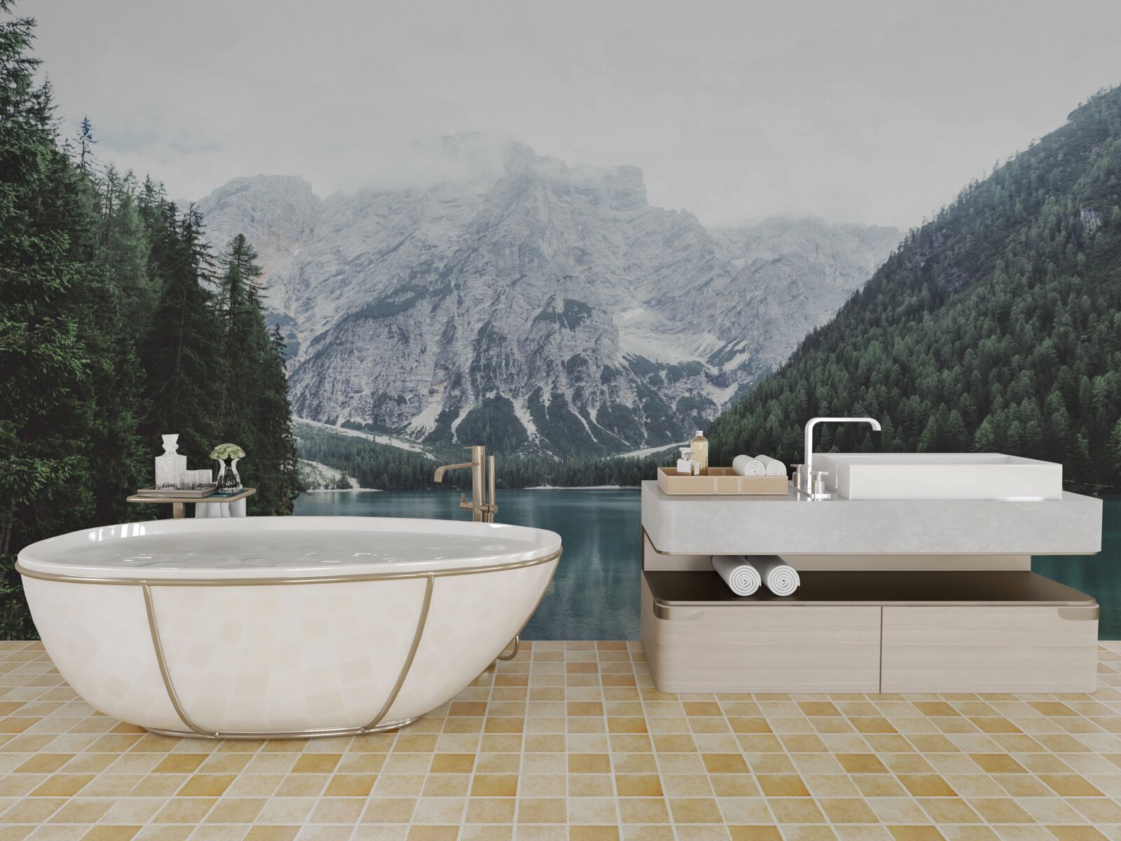 Fotobehang kalme rivier in de bergen tussen naaldbomen