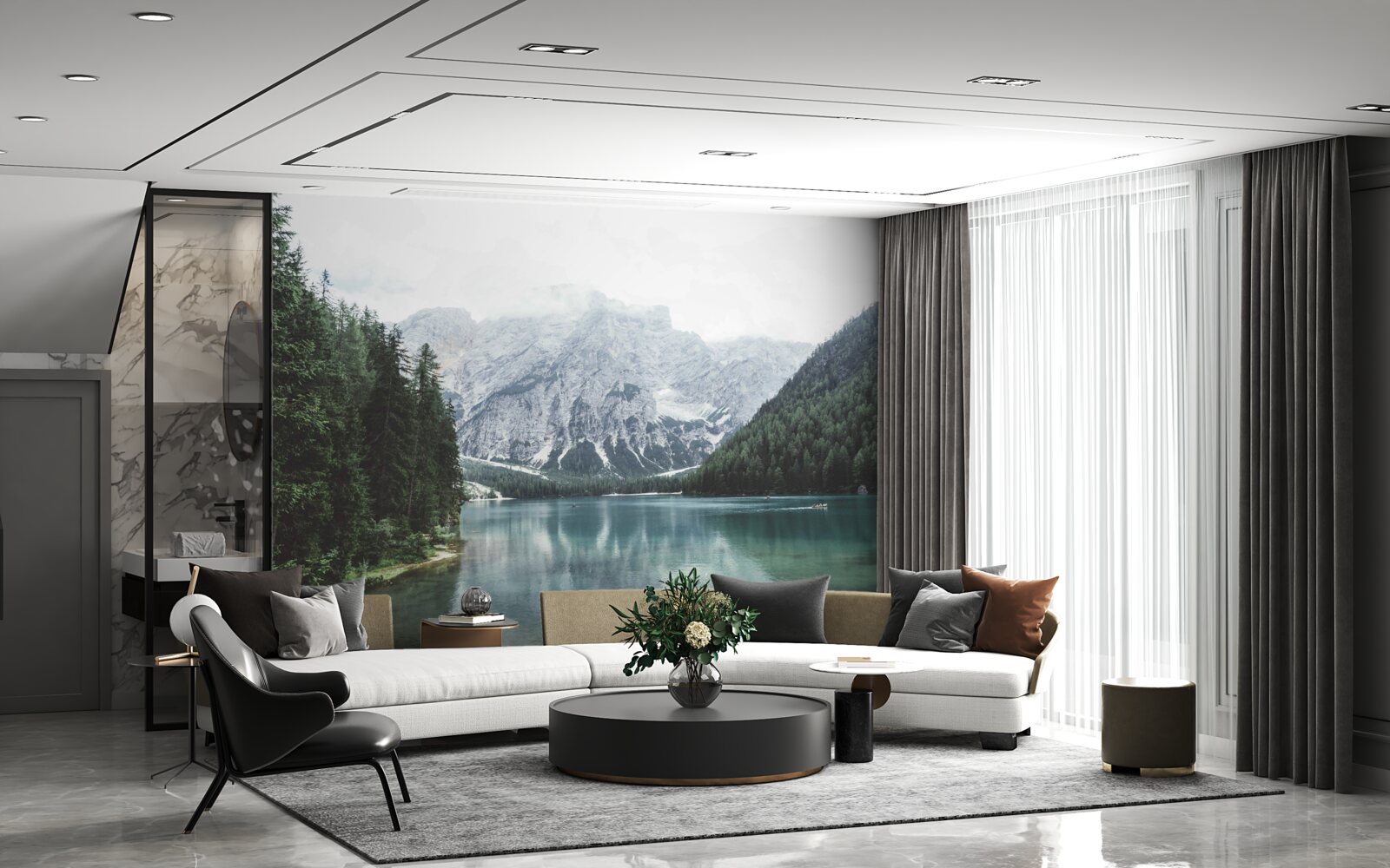 Fotobehang kalme rivier in de bergen tussen naaldbomen