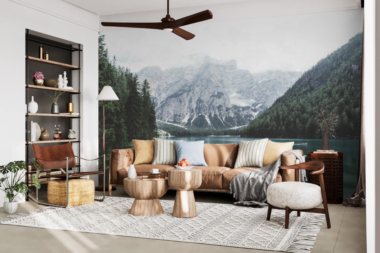 Fotobehang kalme rivier in de bergen tussen naaldbomen