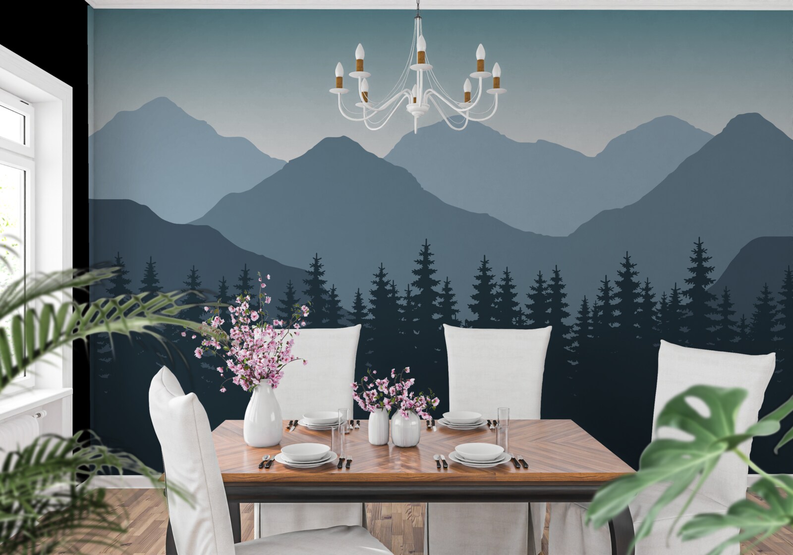 Fotobehang mistige bergen en naaldbos