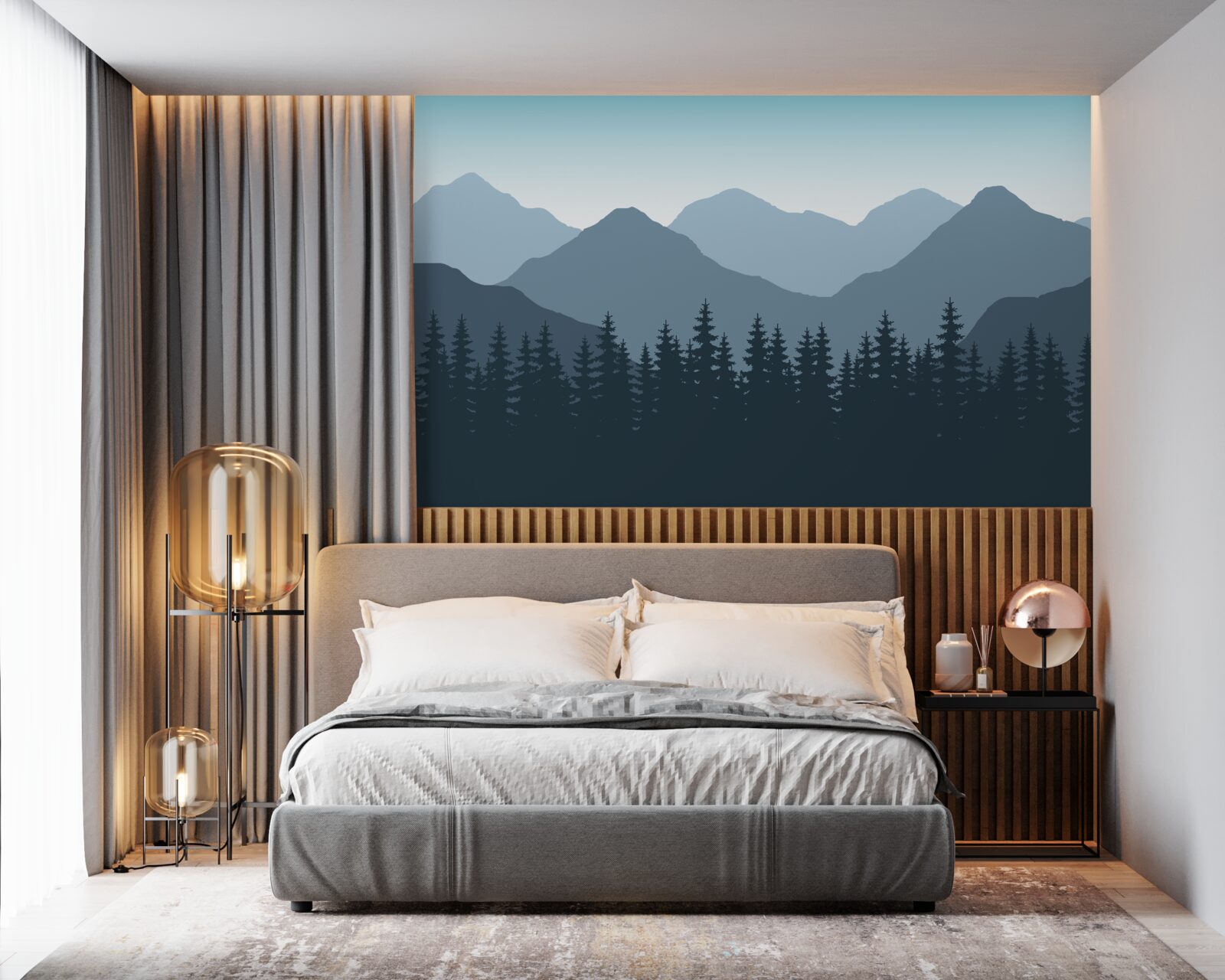 Fotobehang mistige bergen en naaldbos