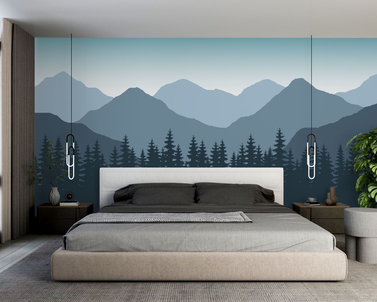 Fotobehang mistige bergen en naaldbos