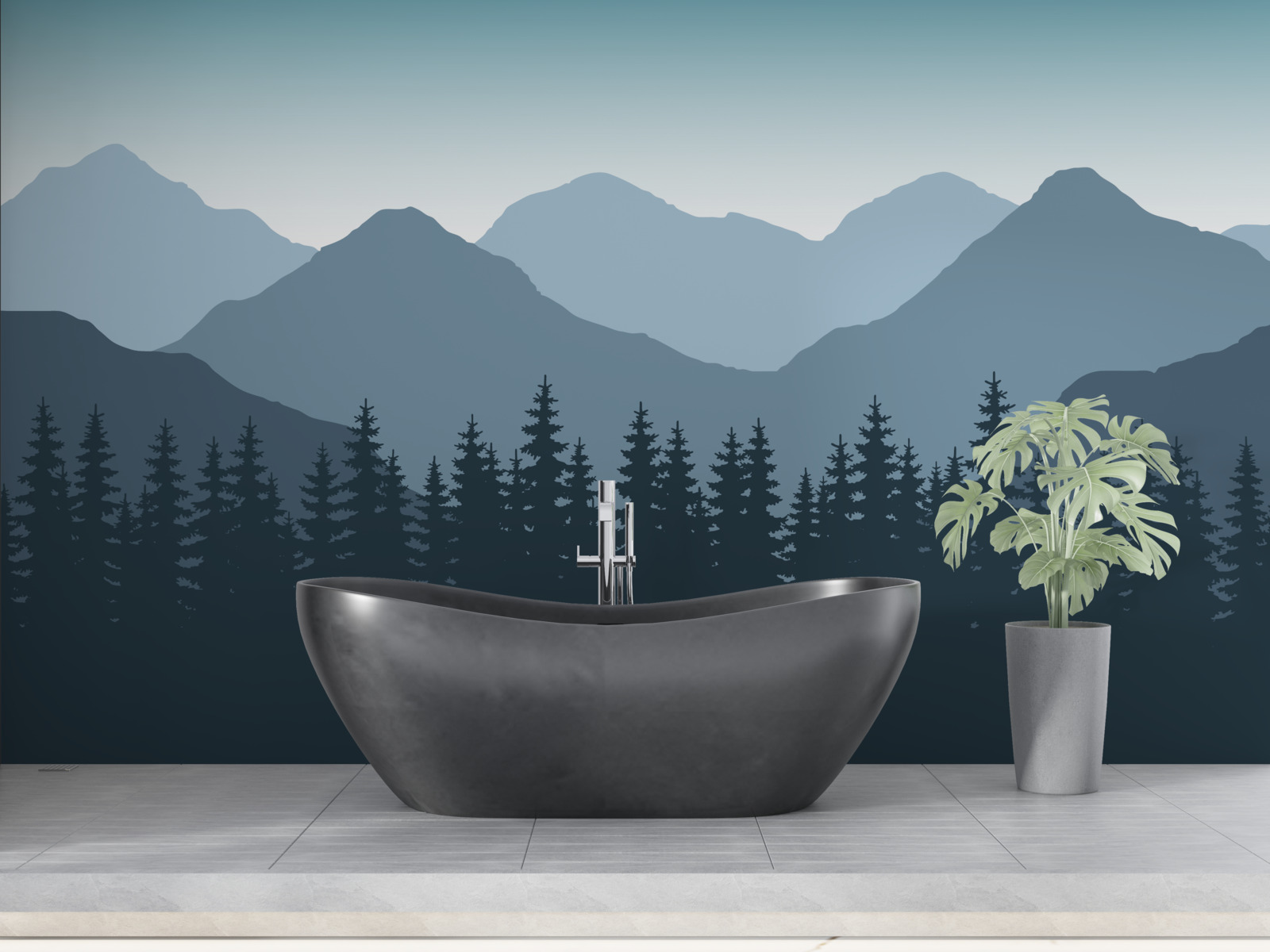 Fotobehang mistige bergen en naaldbos