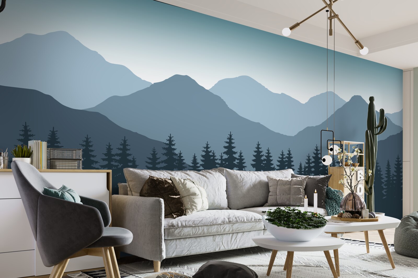 Fotobehang mistige bergen en naaldbos