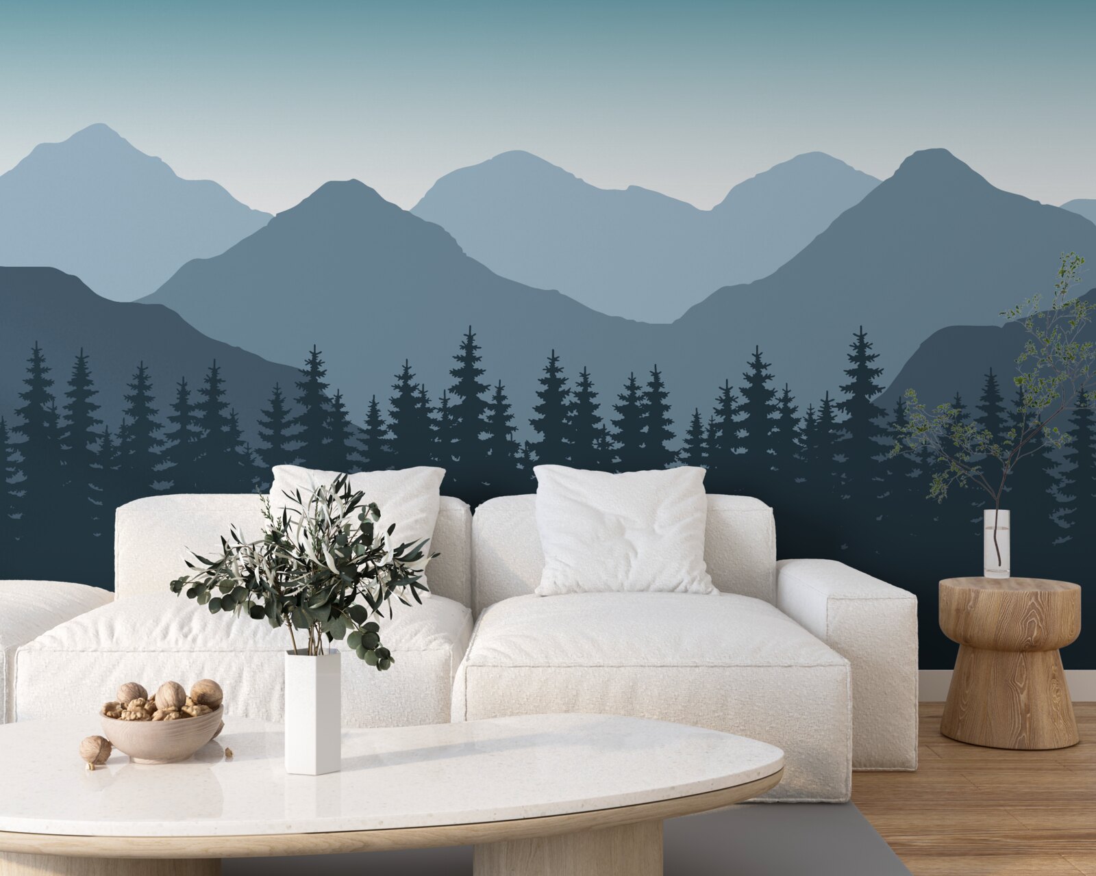 Fotobehang mistige bergen en naaldbos