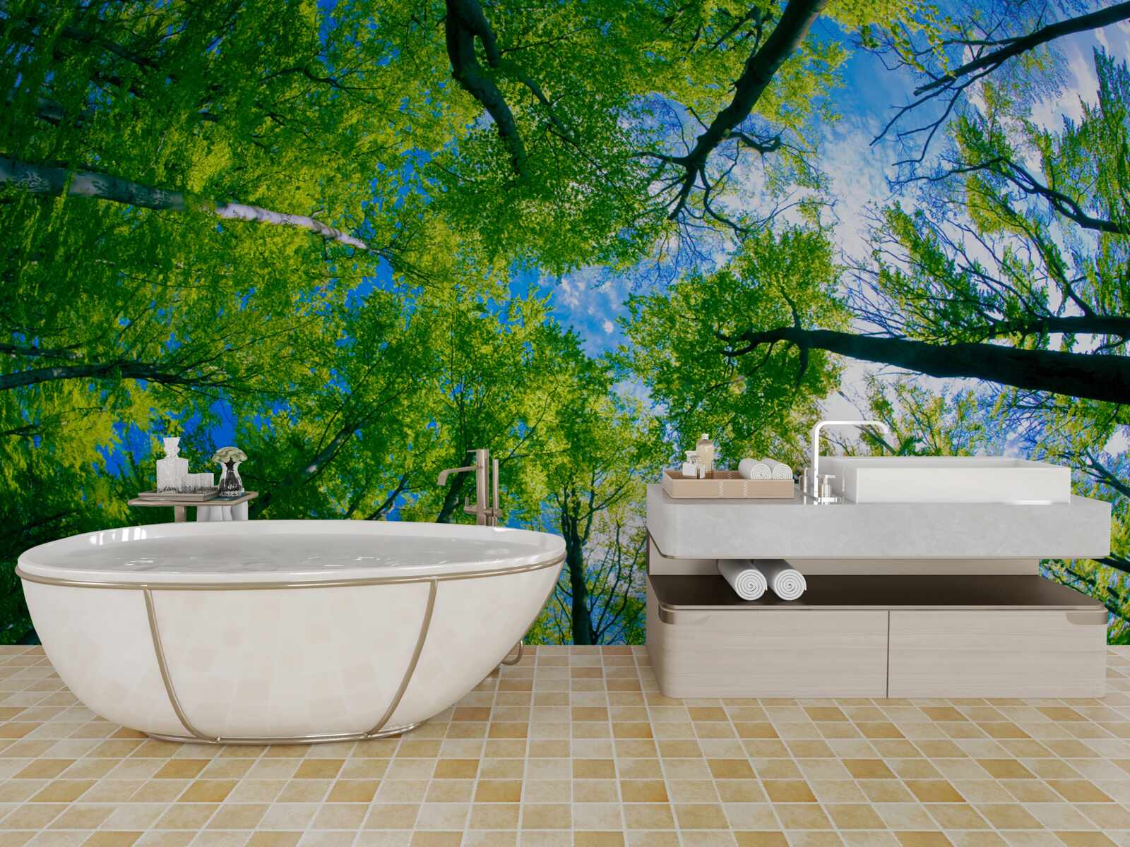 Fotobehang smaragdgroen bos met een blauwe lucht op de achtergrond