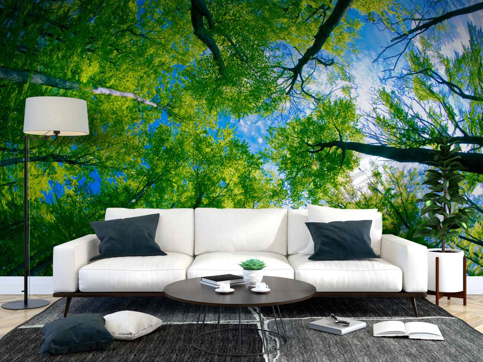 Fotobehang smaragdgroen bos met een blauwe lucht op de achtergrond