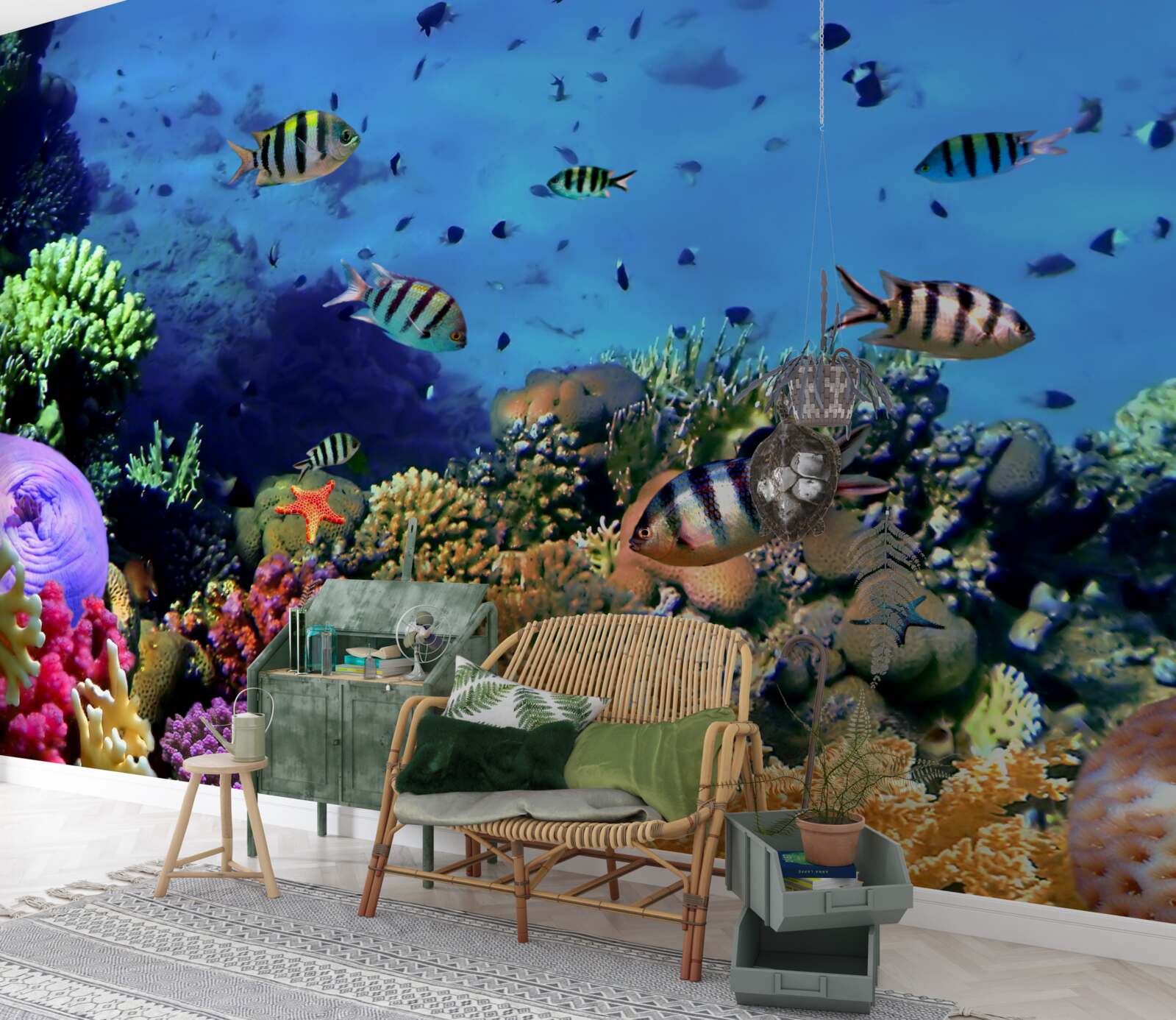 Fotobehang gestreepte vissen in de diepten van de oceaan