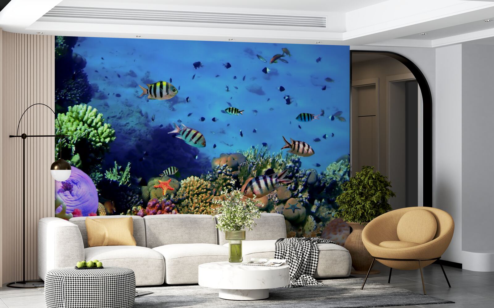 Fotobehang gestreepte vissen in de diepten van de oceaan