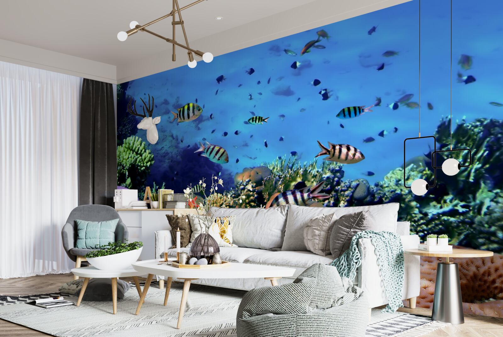 Fotobehang gestreepte vissen in de diepten van de oceaan