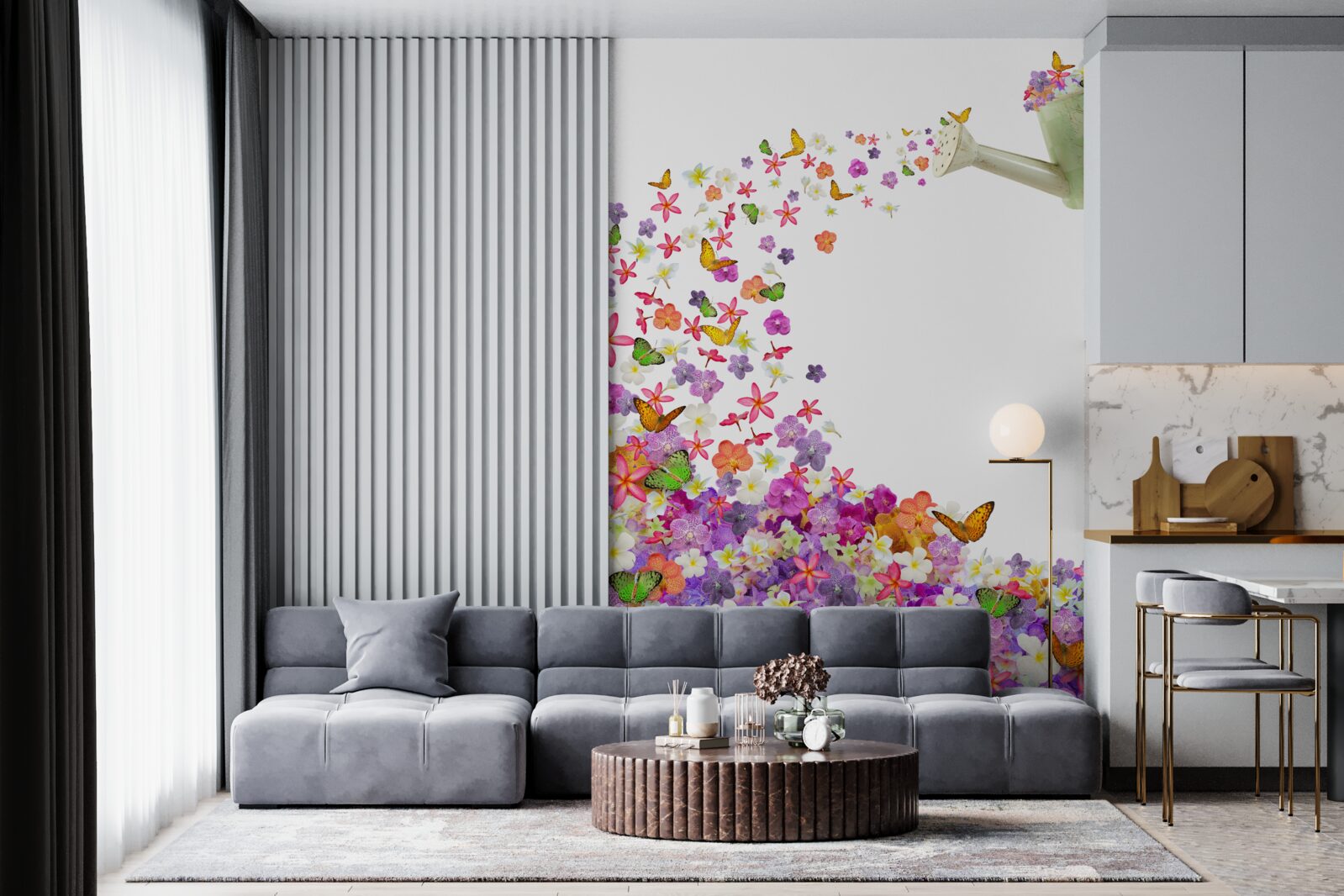 Fotobehang waterschaal met zomerbloemen en vlinders