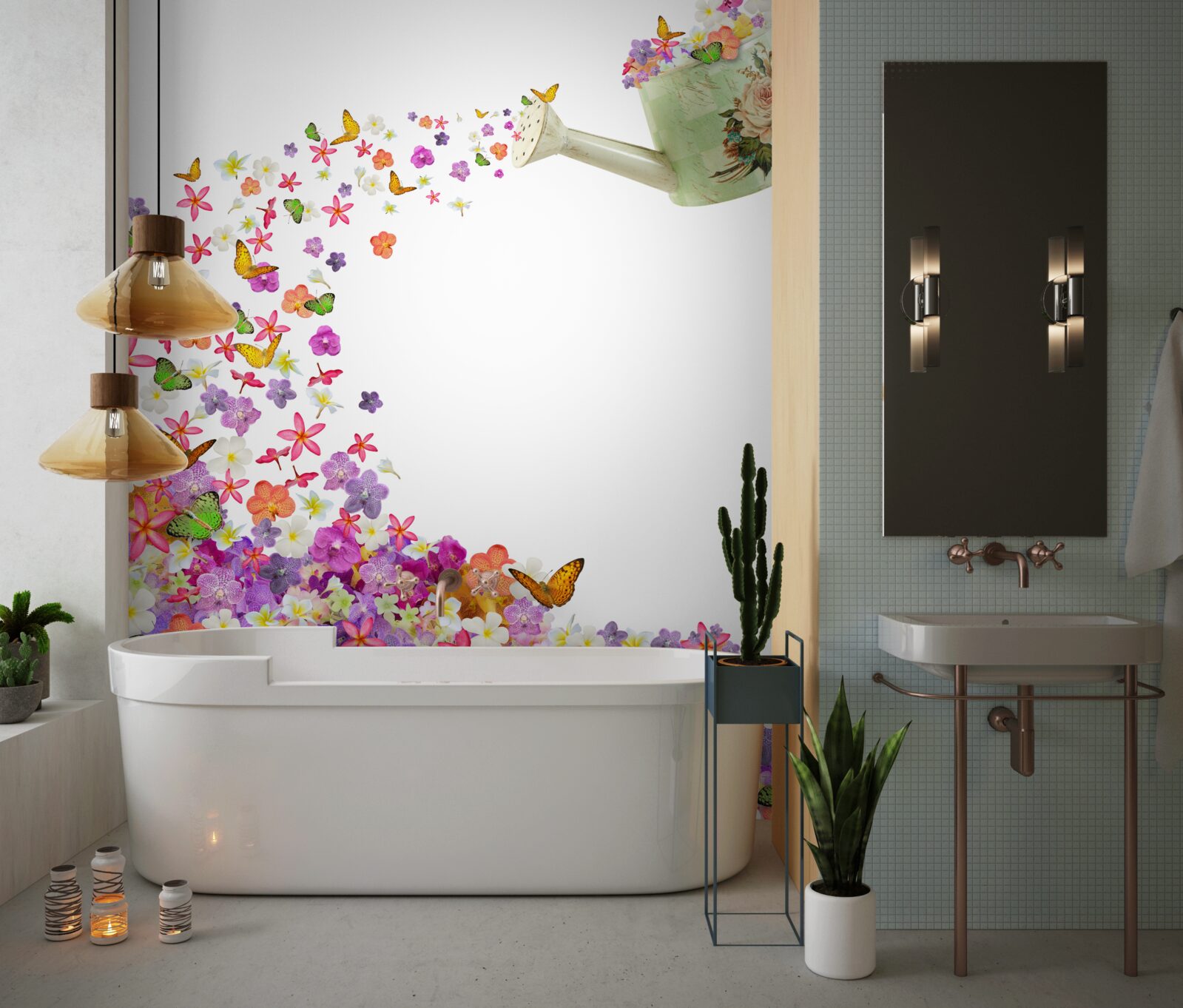 Fotobehang waterschaal met zomerbloemen en vlinders