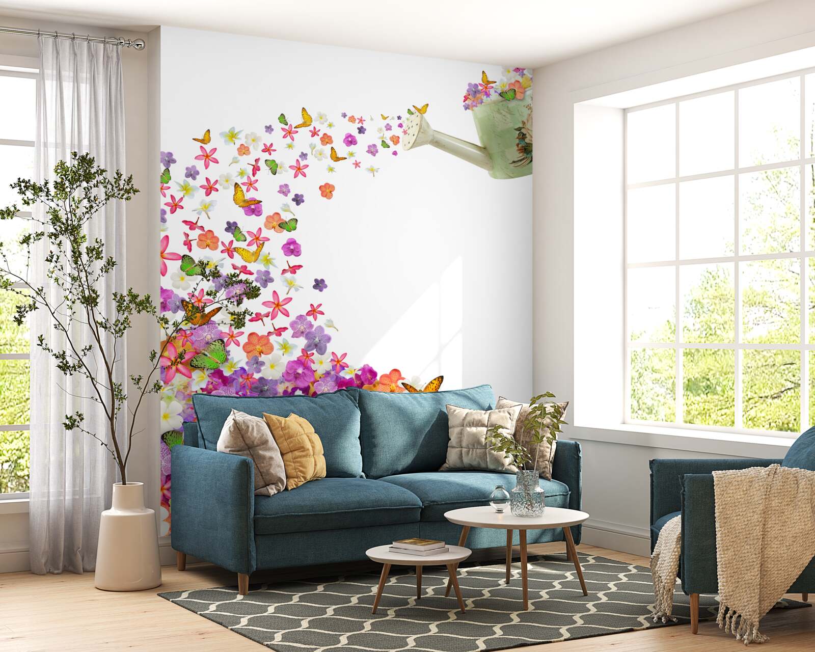 Fotobehang waterschaal met zomerbloemen en vlinders