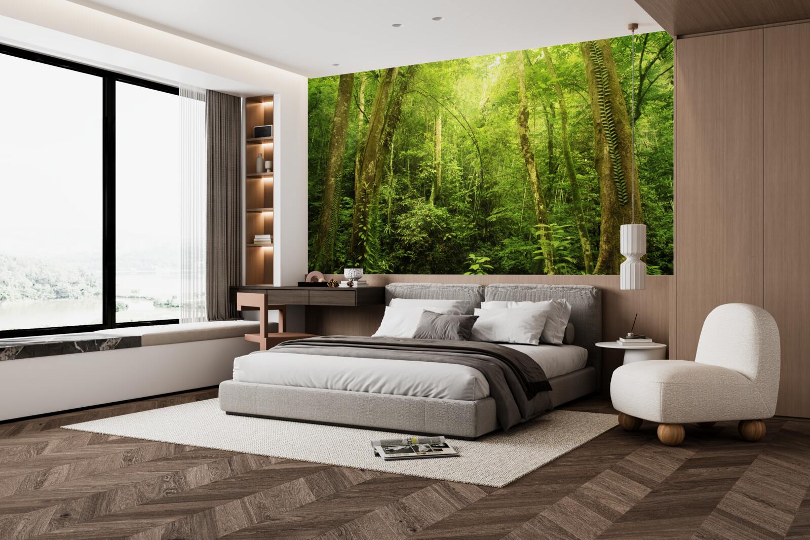 Fotobehang zonnestralen priemen door het dichte groene bos