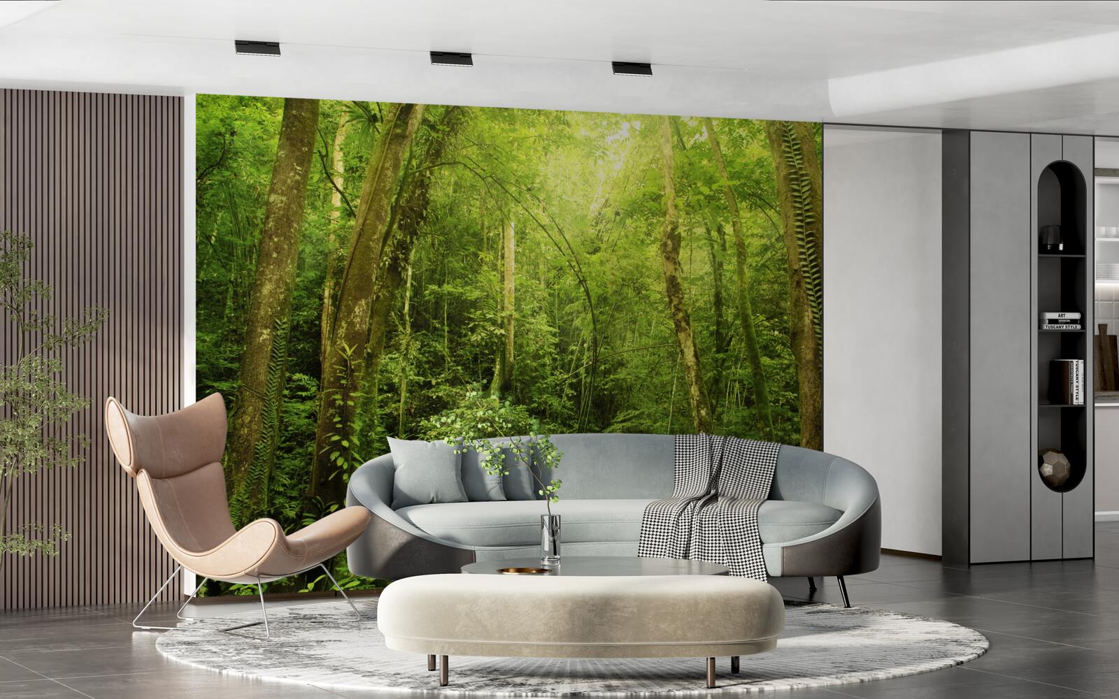 Fotobehang zonnestralen priemen door het dichte groene bos