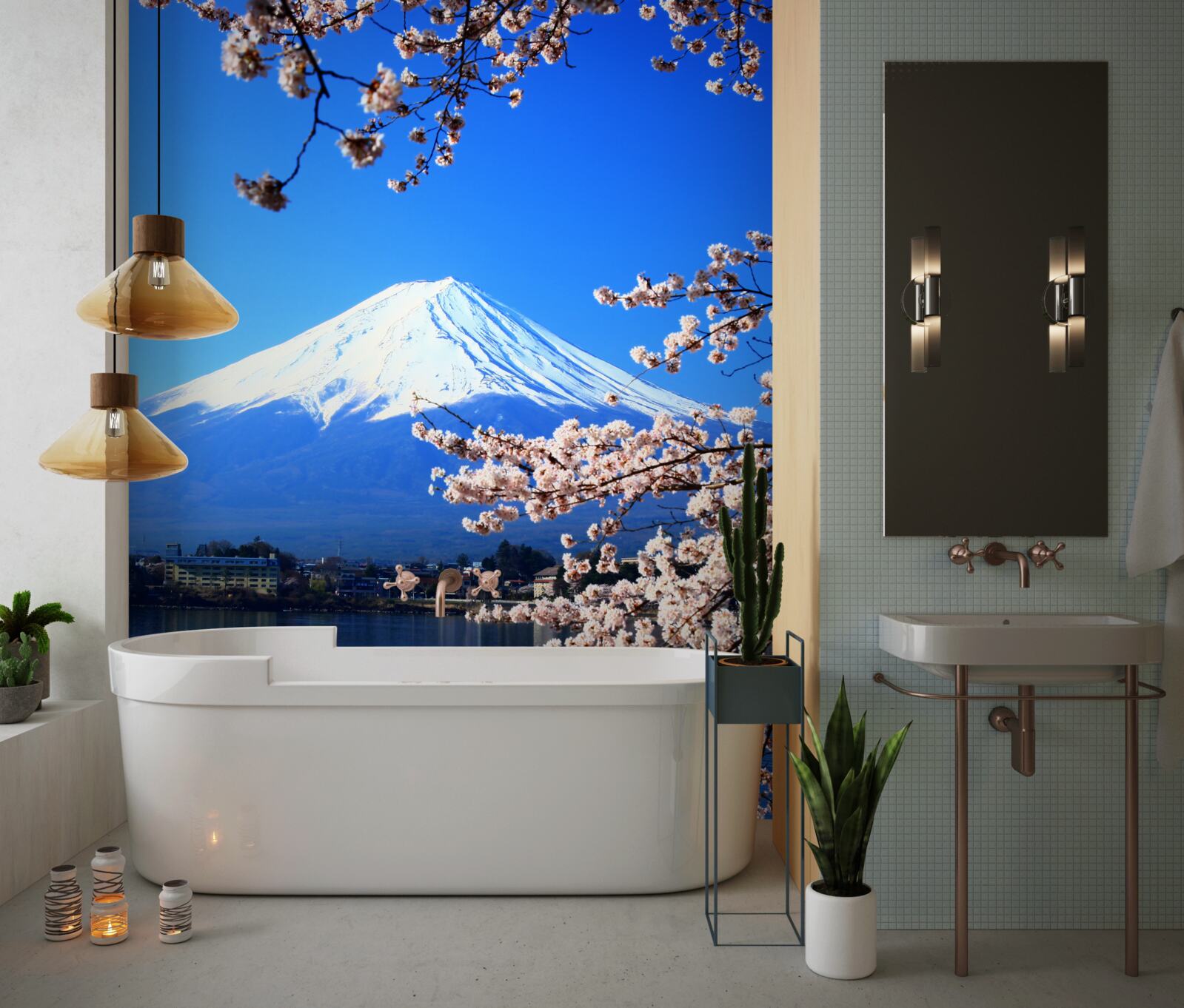 Fotobehang kersenbloesems op een achtergrond van een meer en een bergtop