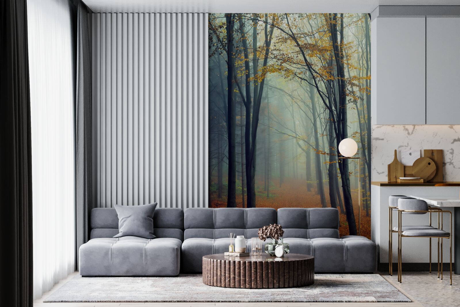 Fotobehang herfstbos gehuld in mist