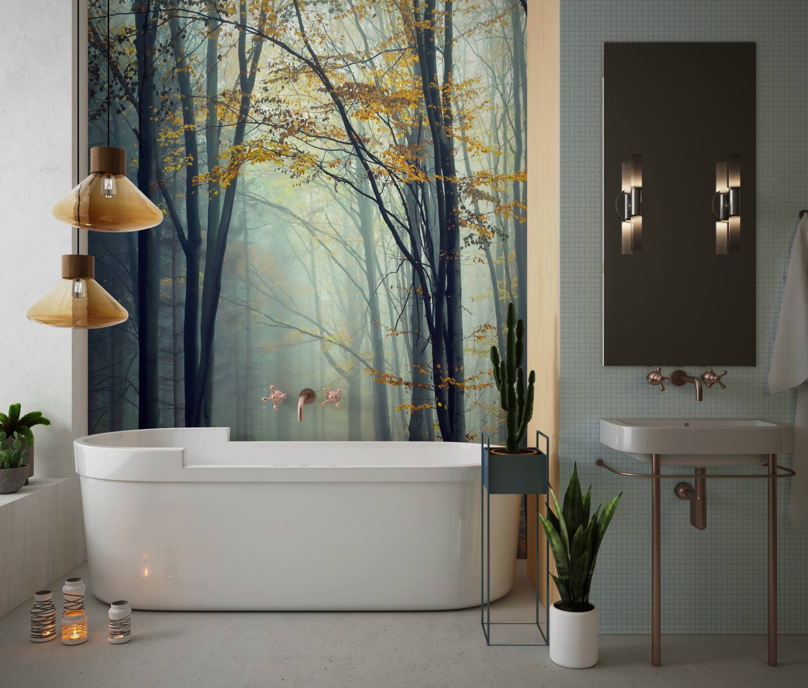 Fotobehang herfstbos gehuld in mist