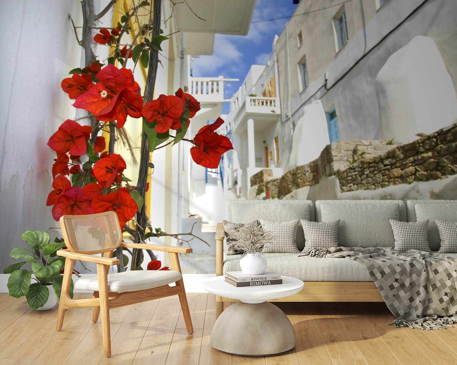 Fotobehang scharlaken bloemen op heldere stadsmuren