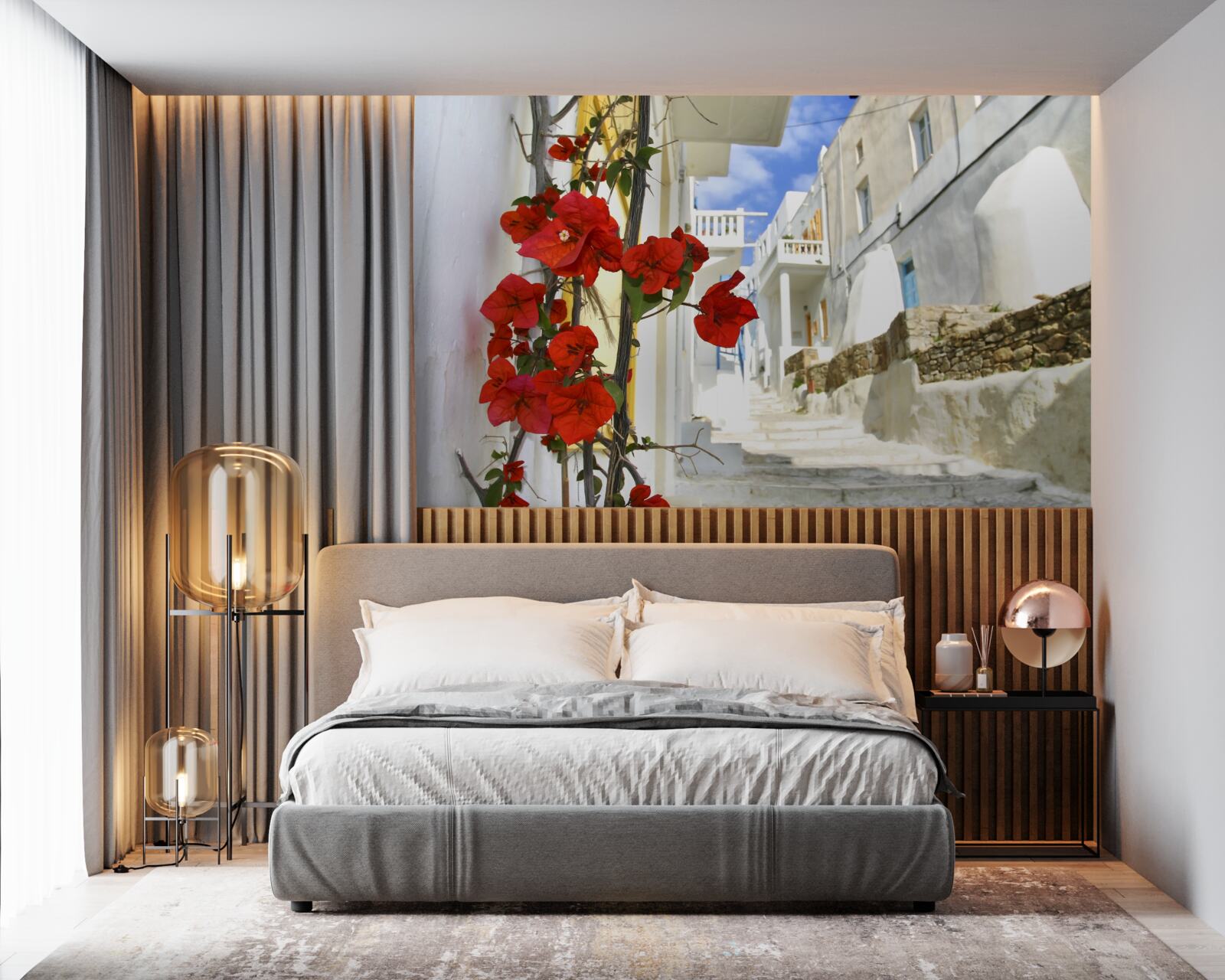 Fotobehang scharlaken bloemen op heldere stadsmuren