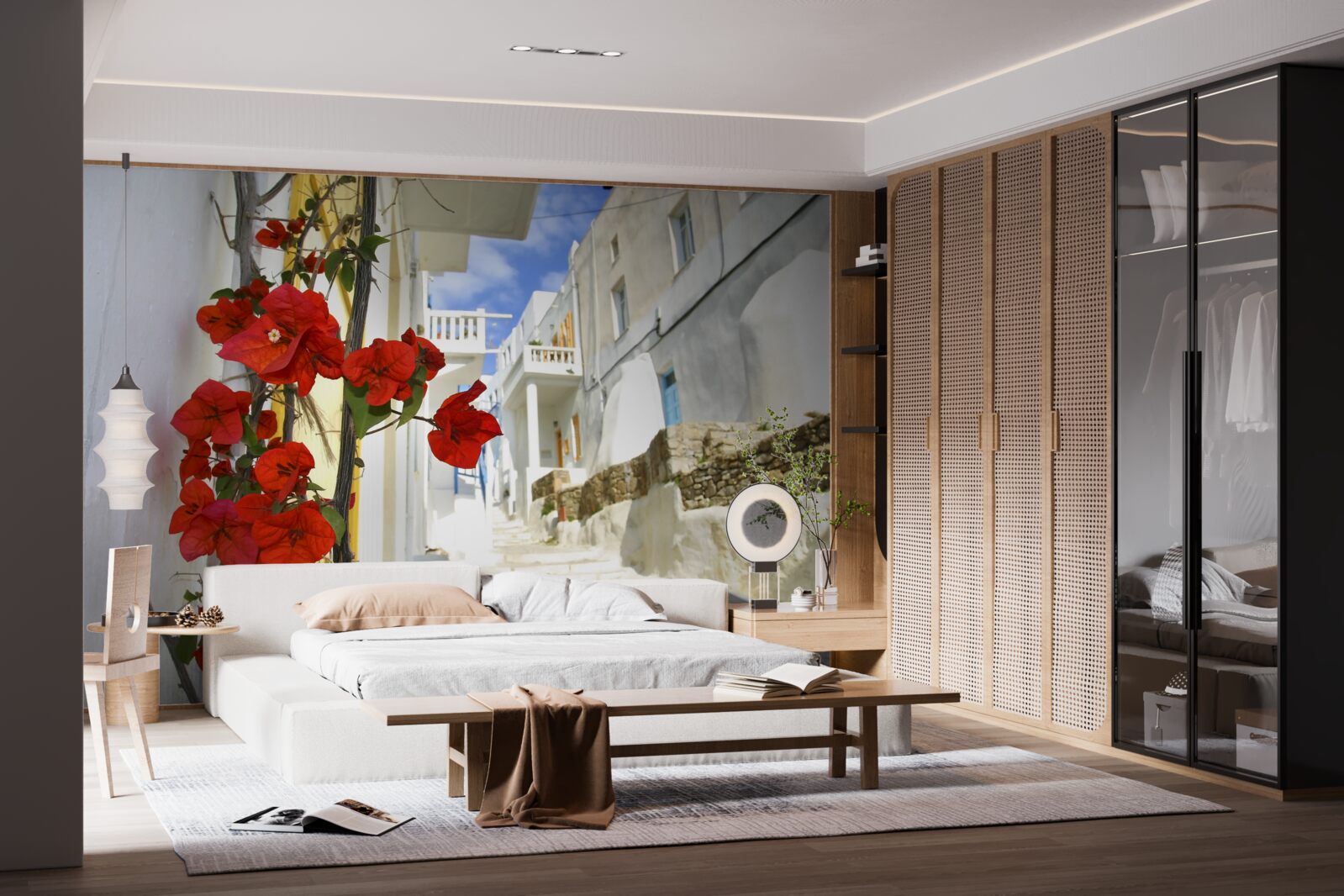 Fotobehang scharlaken bloemen op heldere stadsmuren