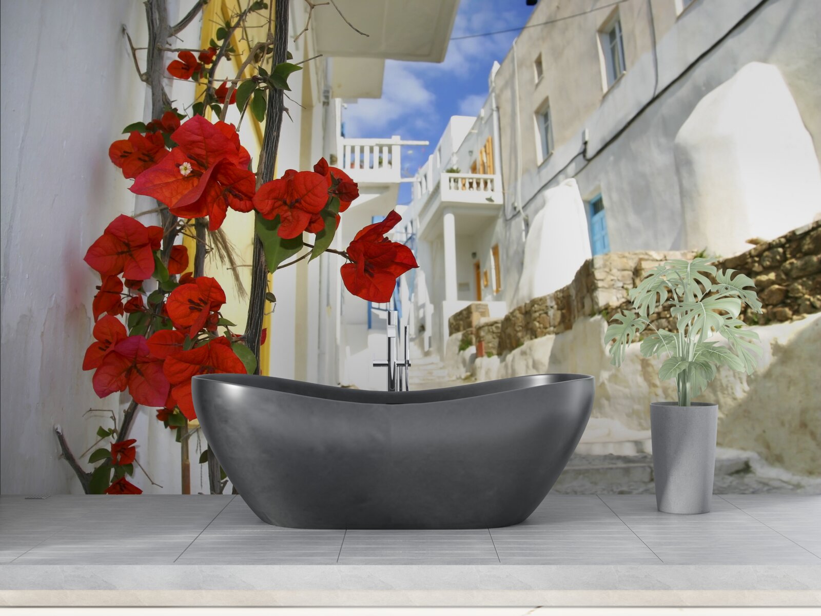 Fotobehang scharlaken bloemen op heldere stadsmuren