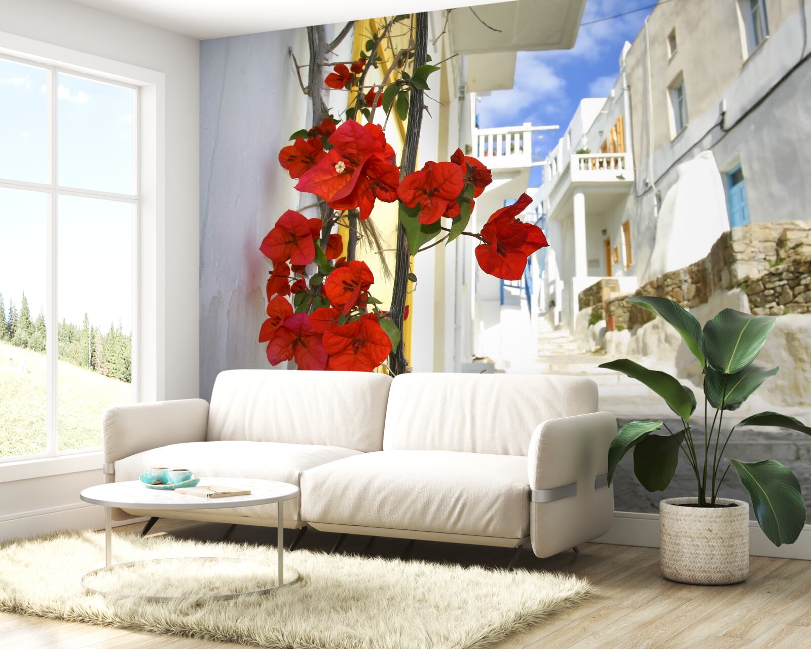 Fotobehang scharlaken bloemen op heldere stadsmuren