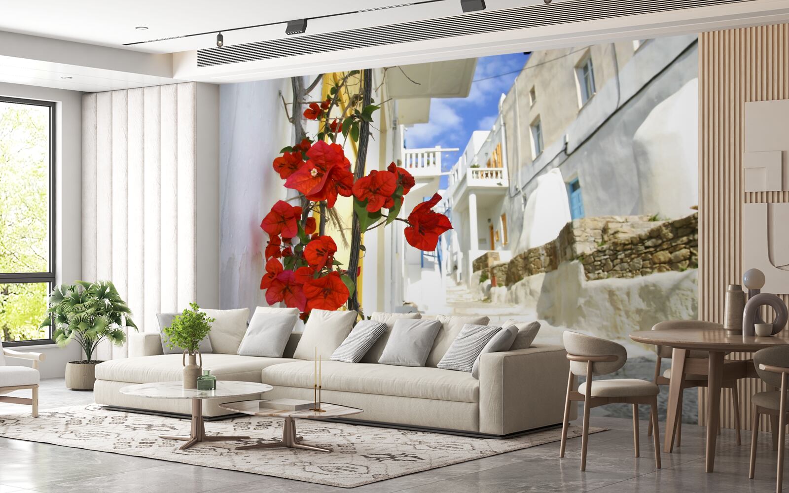 Fotobehang scharlaken bloemen op heldere stadsmuren