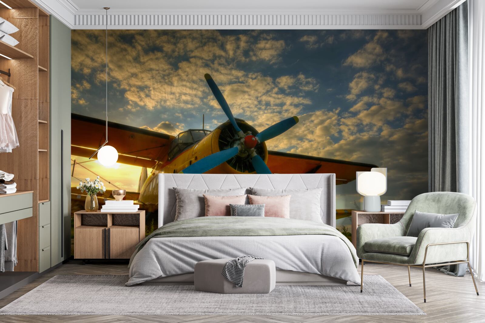 Fotobehang in het veld staat een vintage vliegtuig met een propeller