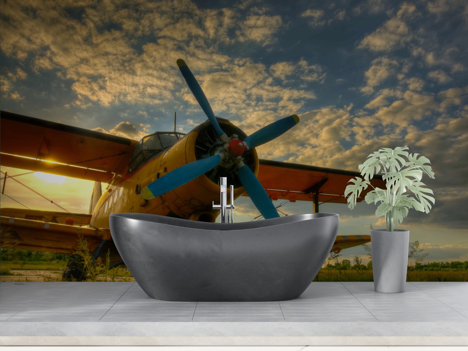 Fotobehang in het veld staat een vintage vliegtuig met een propeller