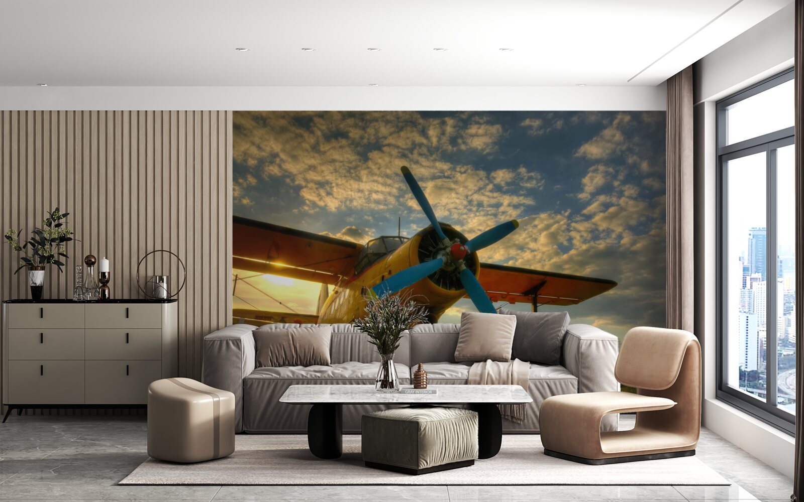 Fotobehang in het veld staat een vintage vliegtuig met een propeller