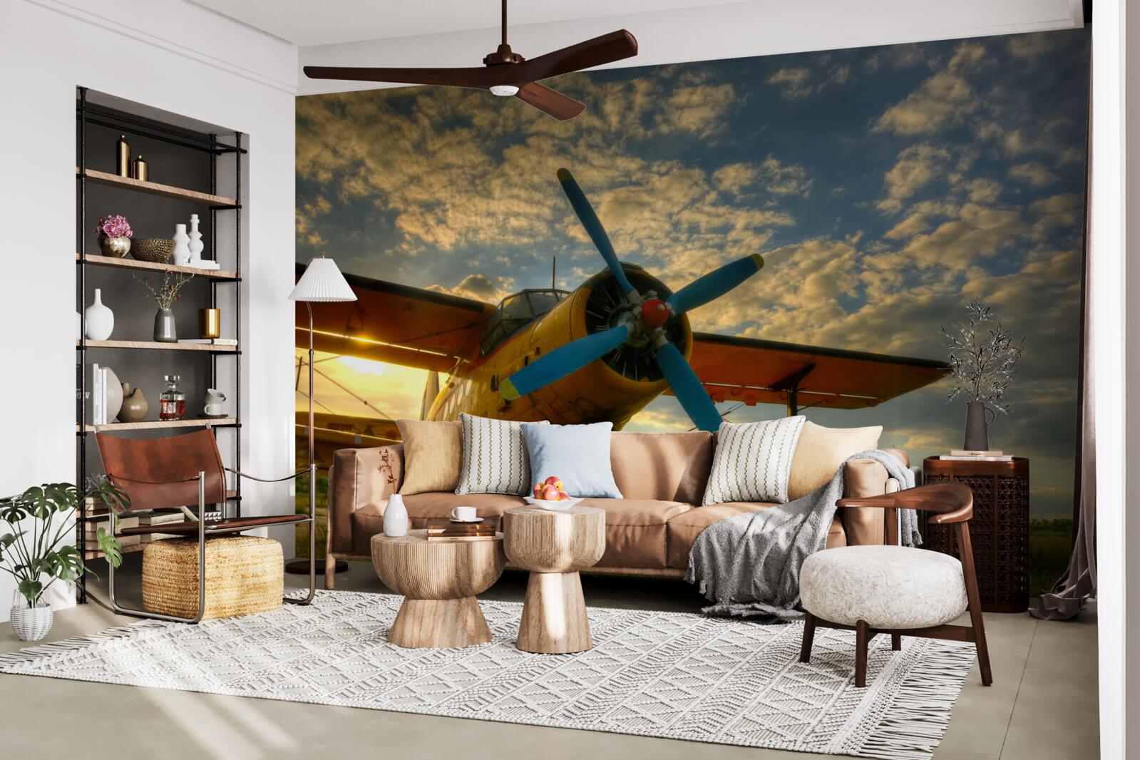 Fotobehang in het veld staat een vintage vliegtuig met een propeller