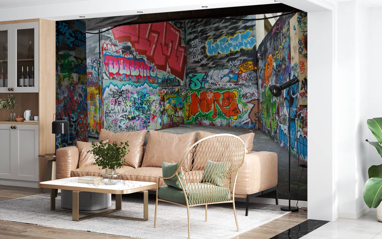 Fotobehang graffiti siert de muren van de onderdoorgang