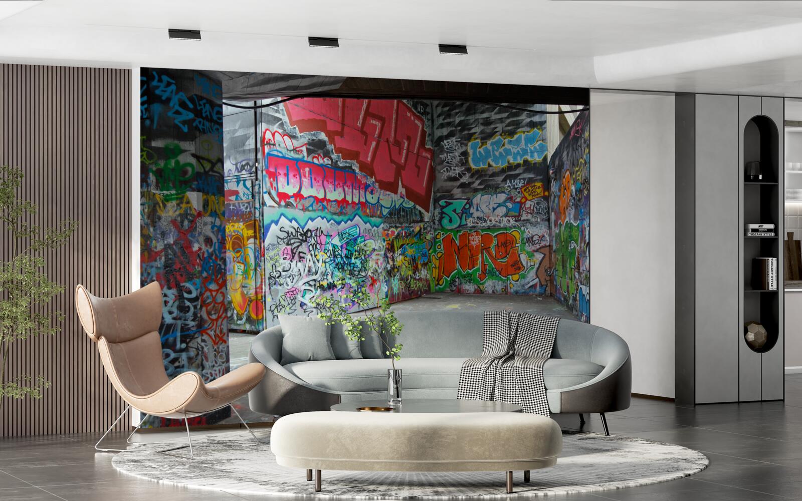 Fotobehang graffiti siert de muren van de onderdoorgang