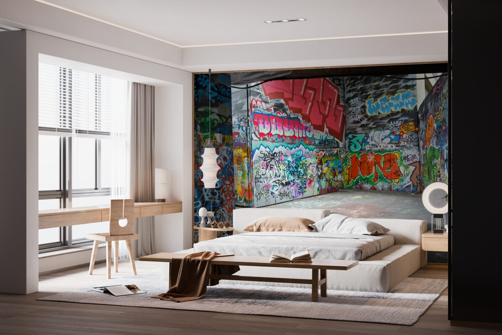 Fotobehang graffiti siert de muren van de onderdoorgang