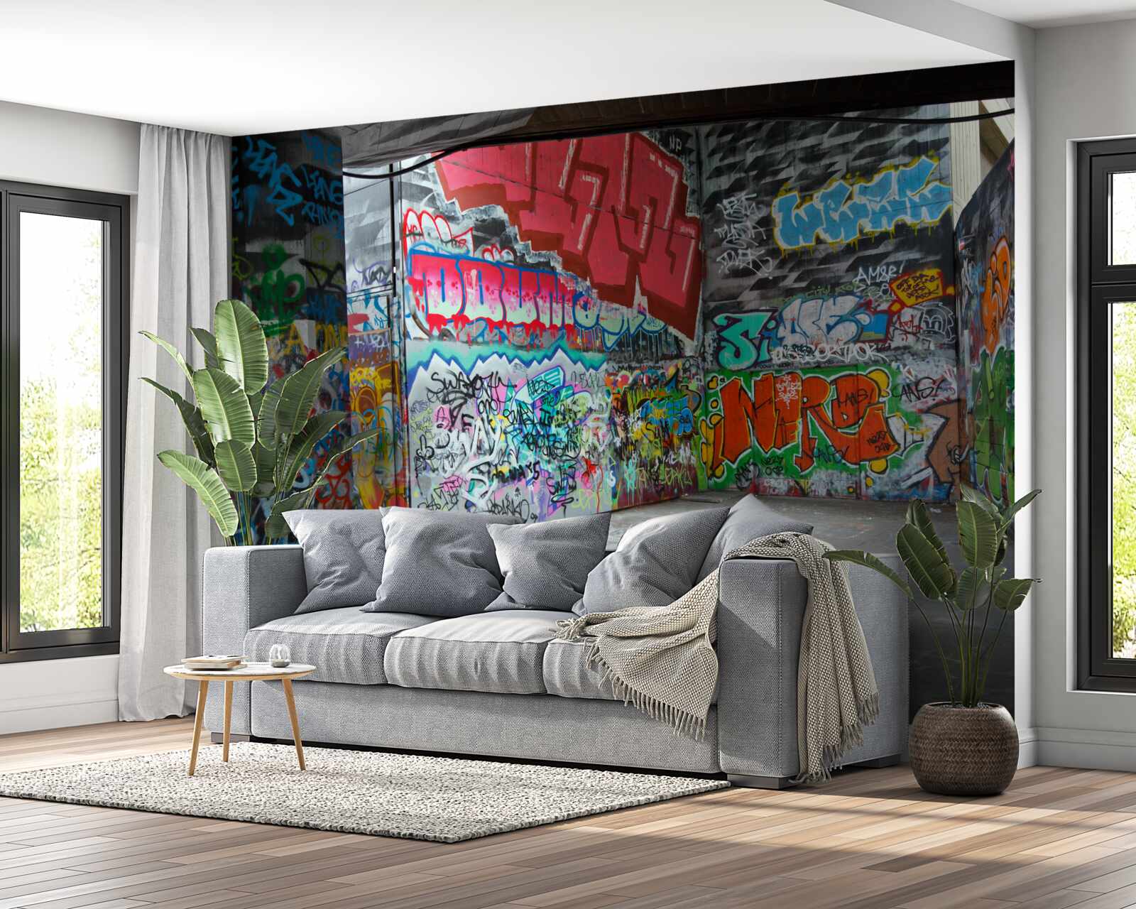 Fotobehang graffiti siert de muren van de onderdoorgang