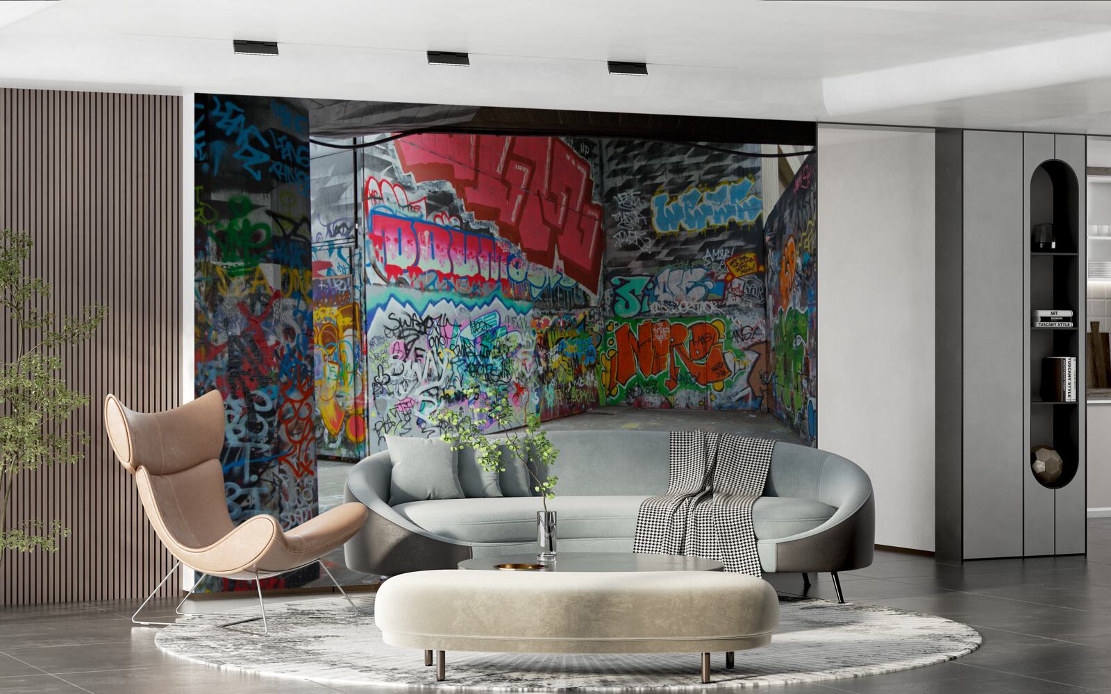 Fotobehang graffiti siert de muren van de onderdoorgang