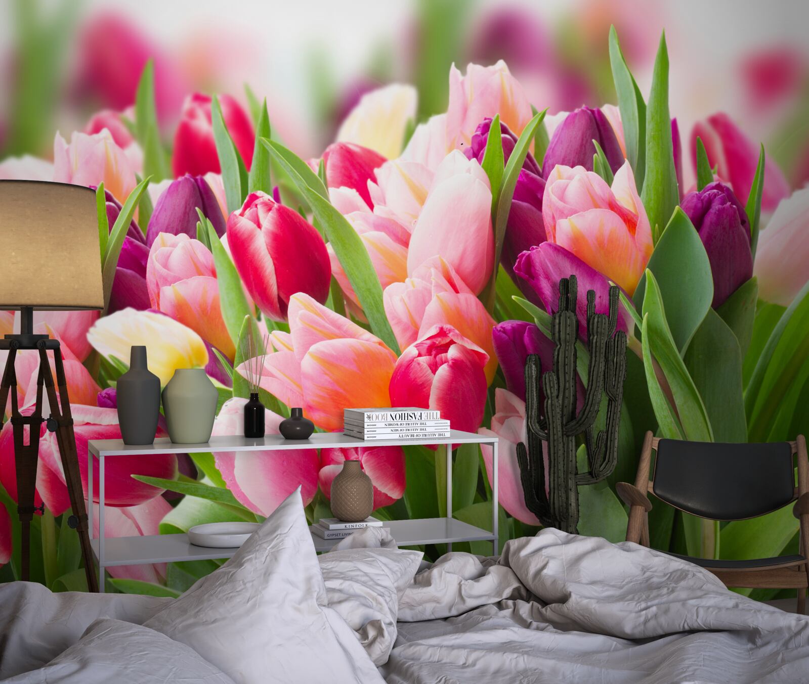 Fotobehang heldere lentetulpen met groene bladeren