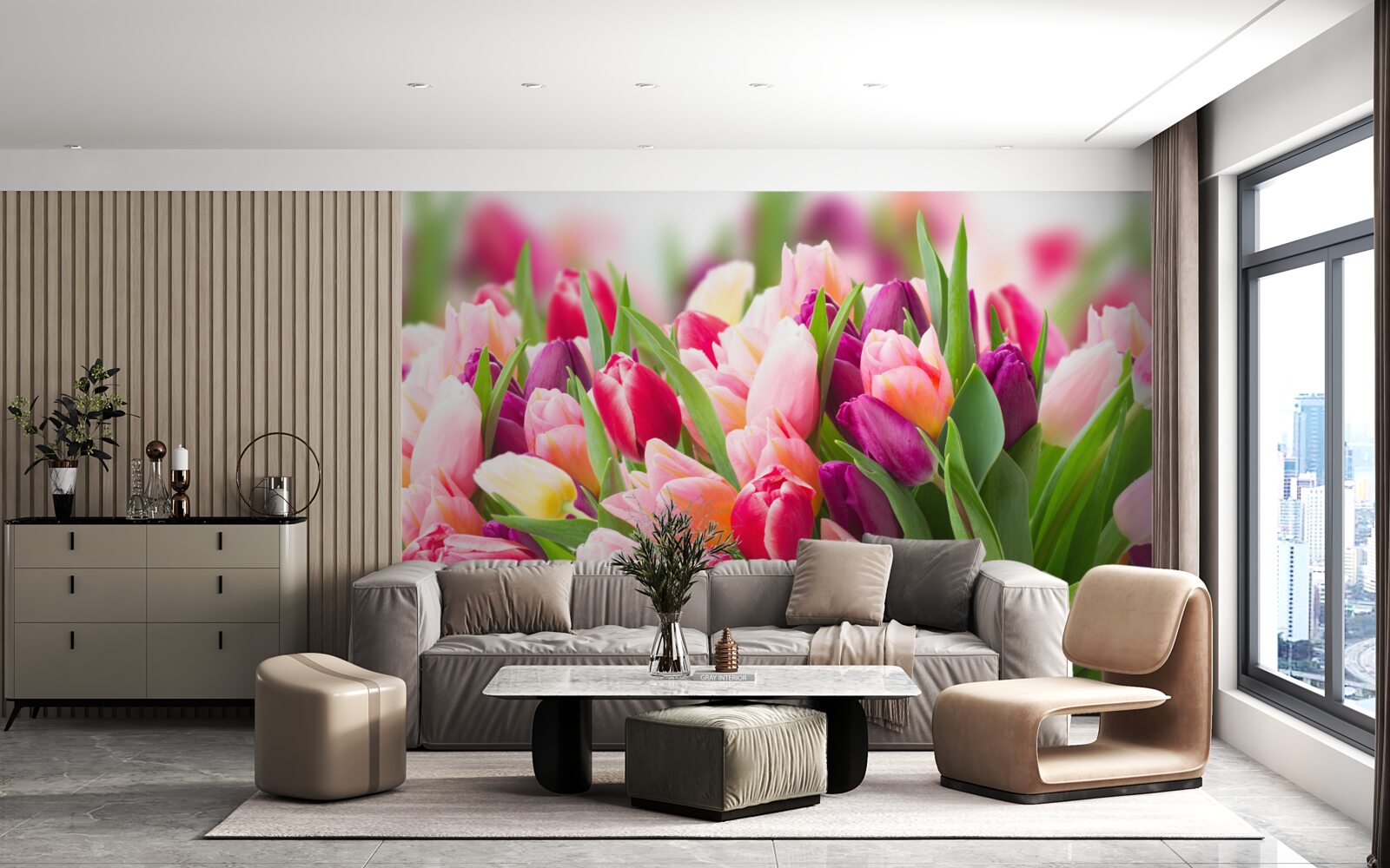 Fotobehang heldere lentetulpen met groene bladeren