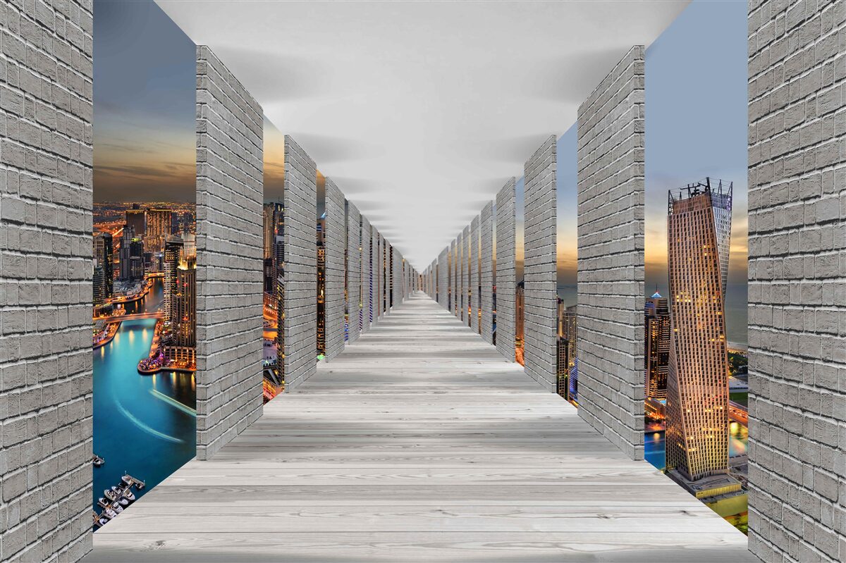 Fotobehang eindeloze gang met observatieramen