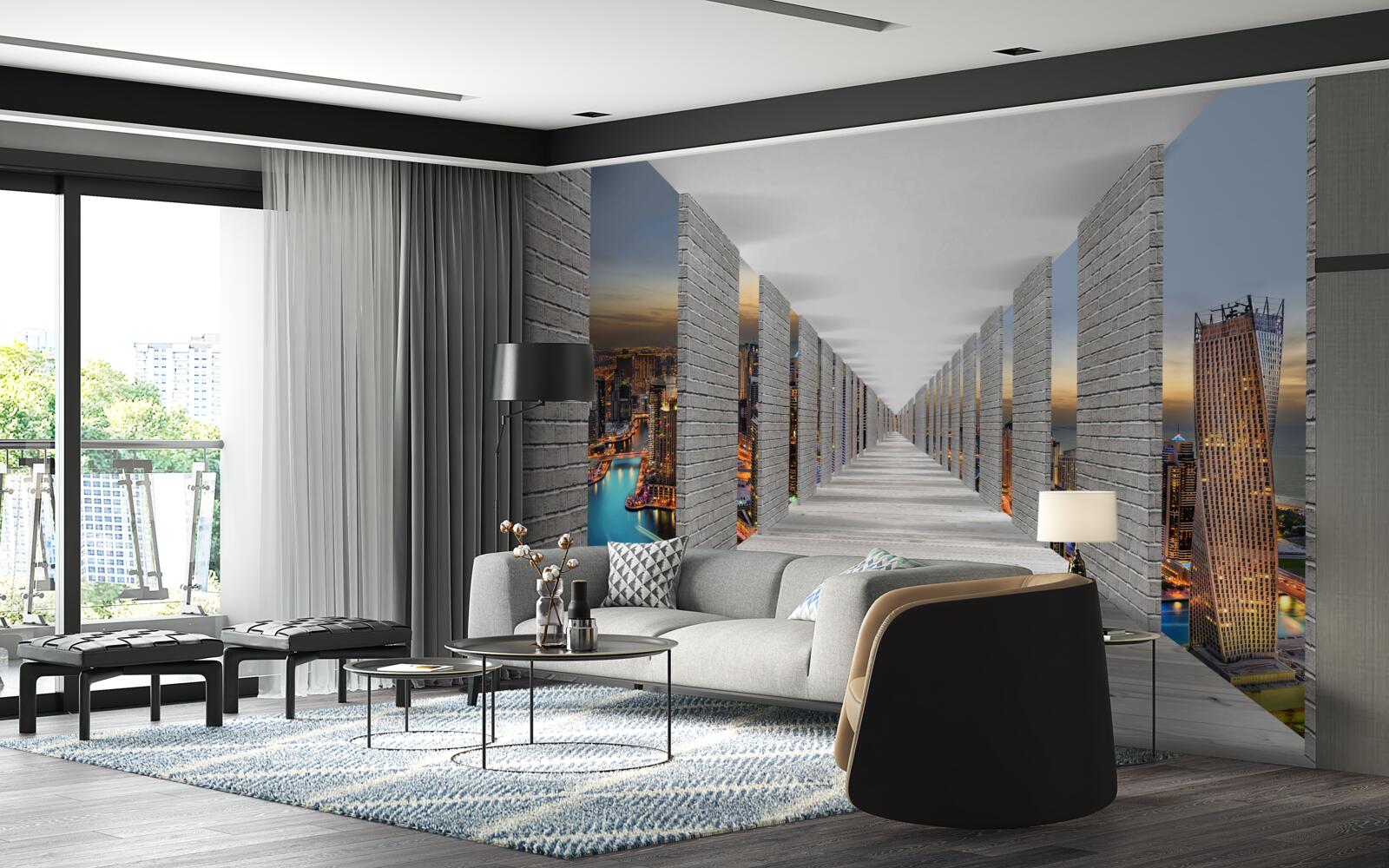 Fotobehang eindeloze gang met observatieramen