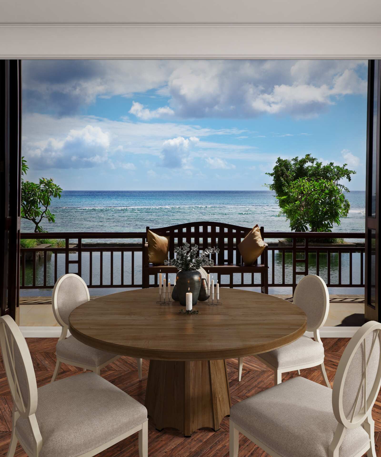 Fotobehang comfortabele bank aan de oceaan