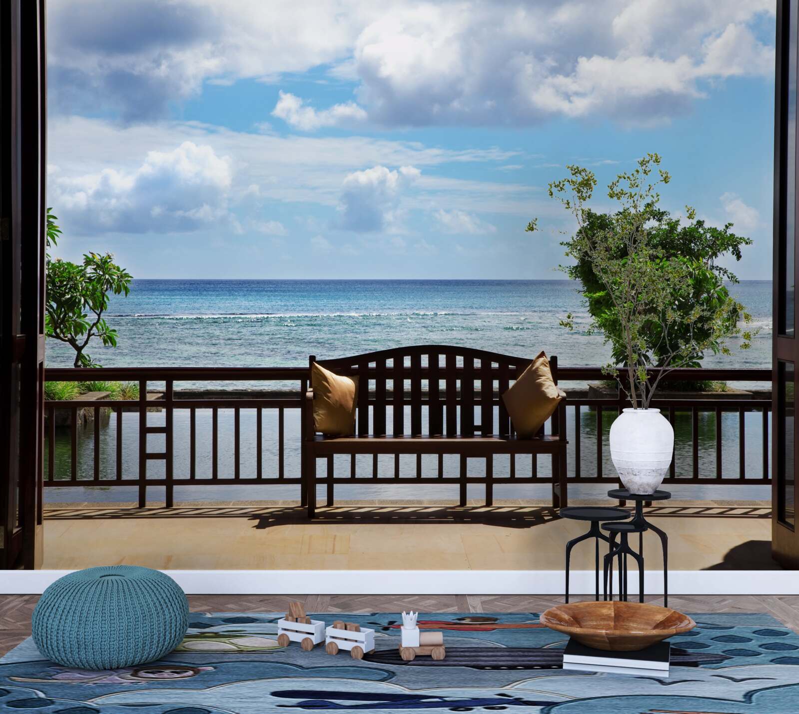 Fotobehang comfortabele bank aan de oceaan