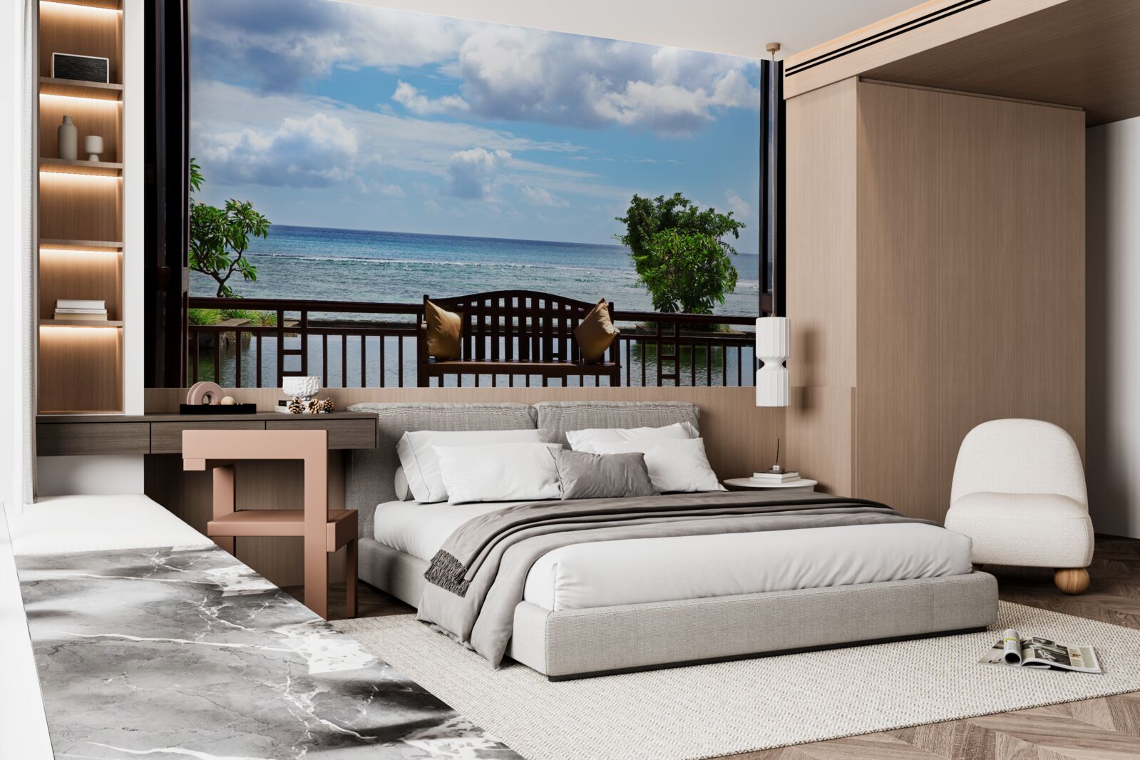 Fotobehang comfortabele bank aan de oceaan