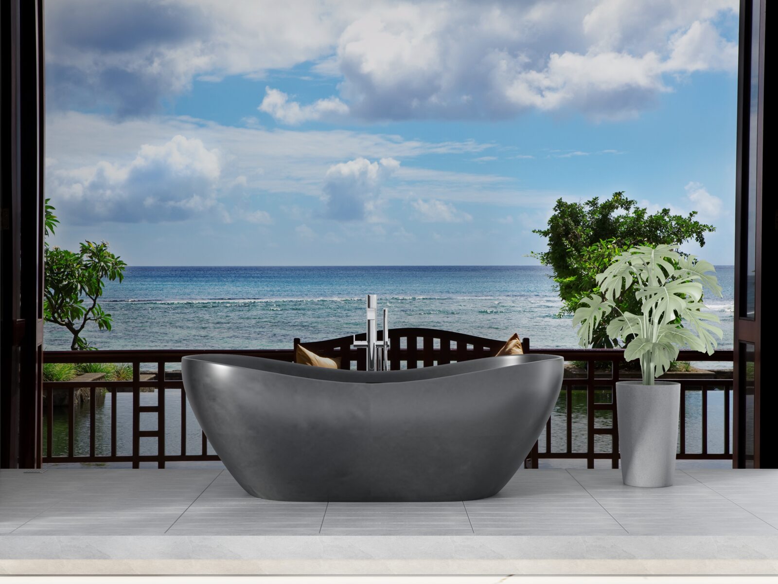 Fotobehang comfortabele bank aan de oceaan