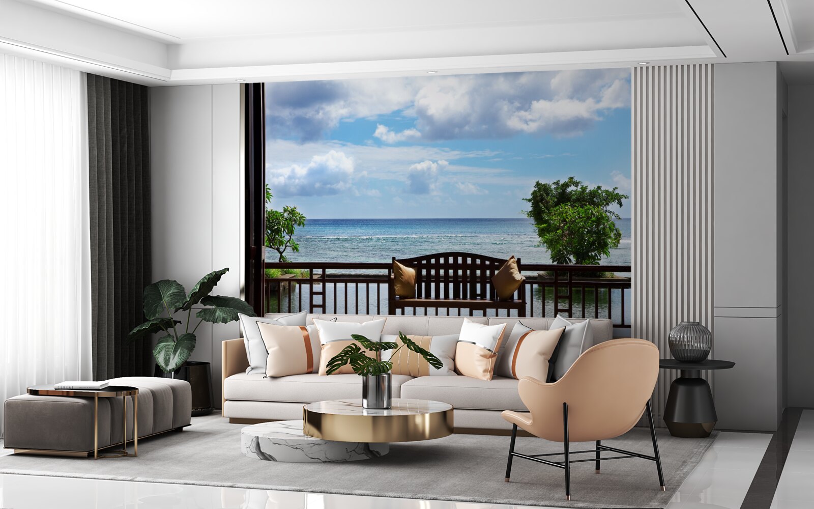 Fotobehang comfortabele bank aan de oceaan