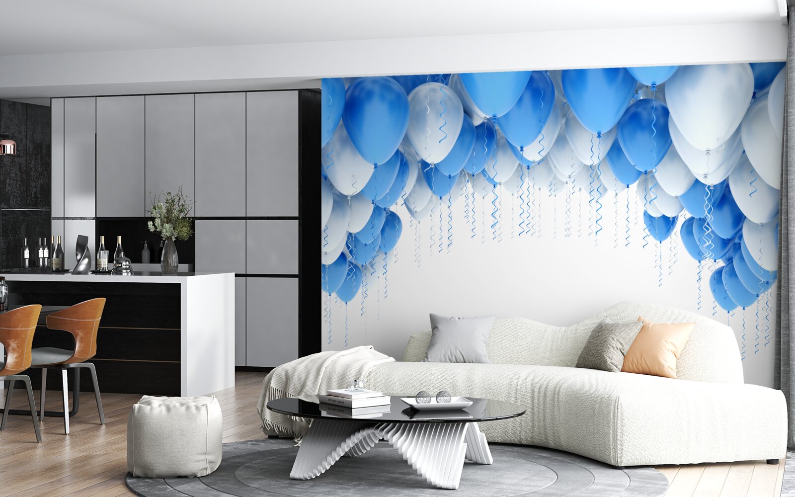 Fotobehang witte en blauwe ballen zweven in de lucht