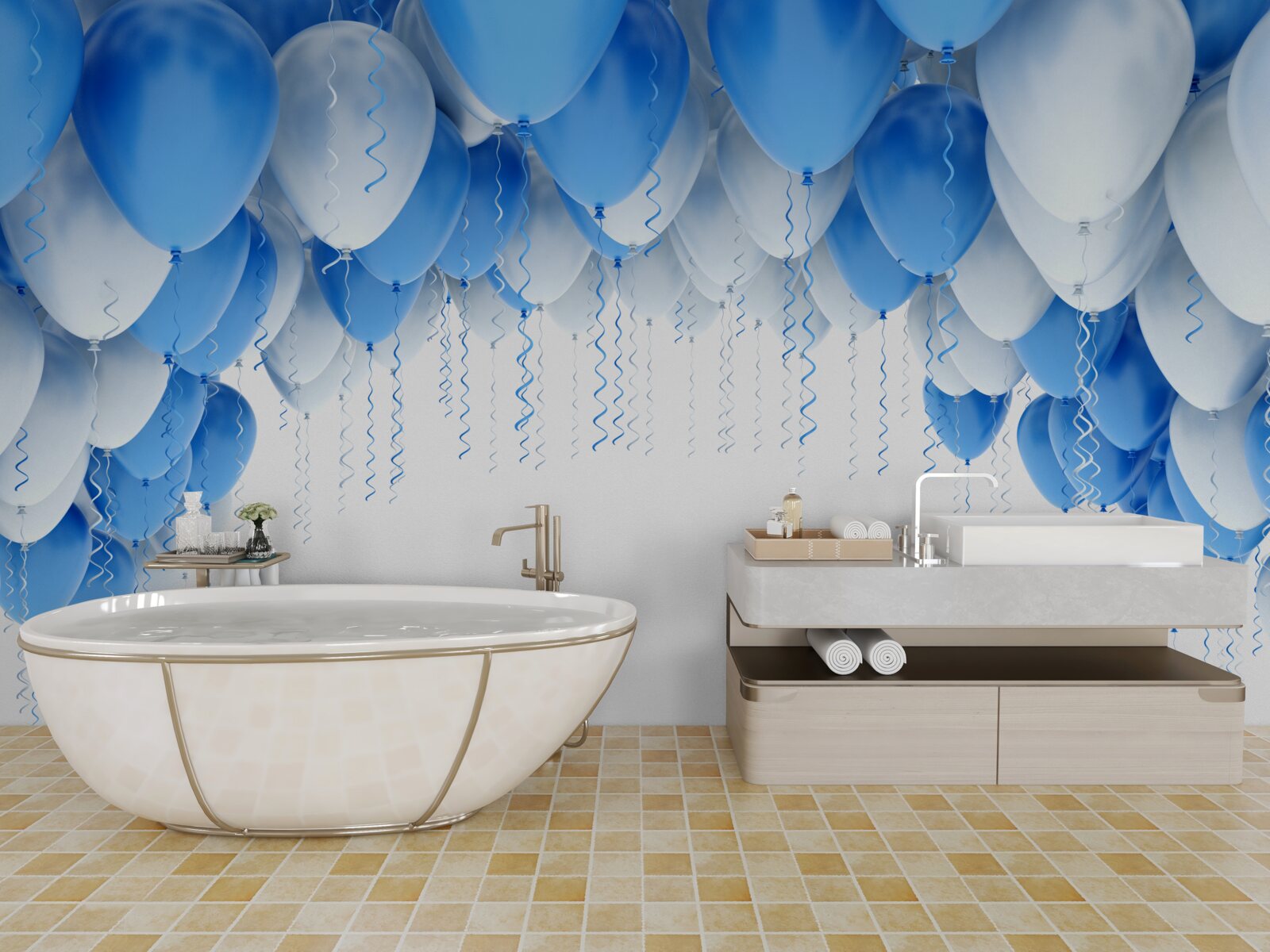 Fotobehang witte en blauwe ballen zweven in de lucht