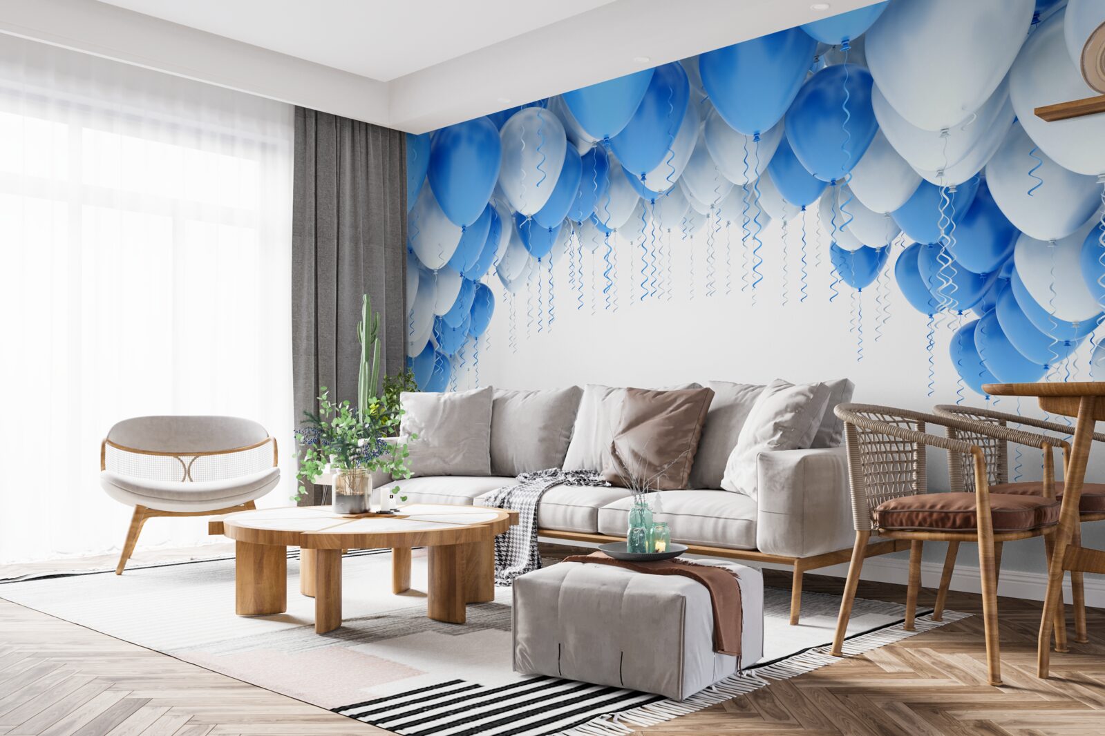 Fotobehang witte en blauwe ballen zweven in de lucht