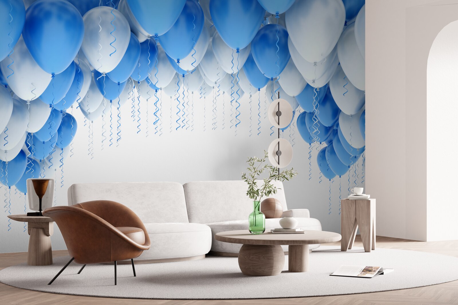 Fotobehang witte en blauwe ballen zweven in de lucht